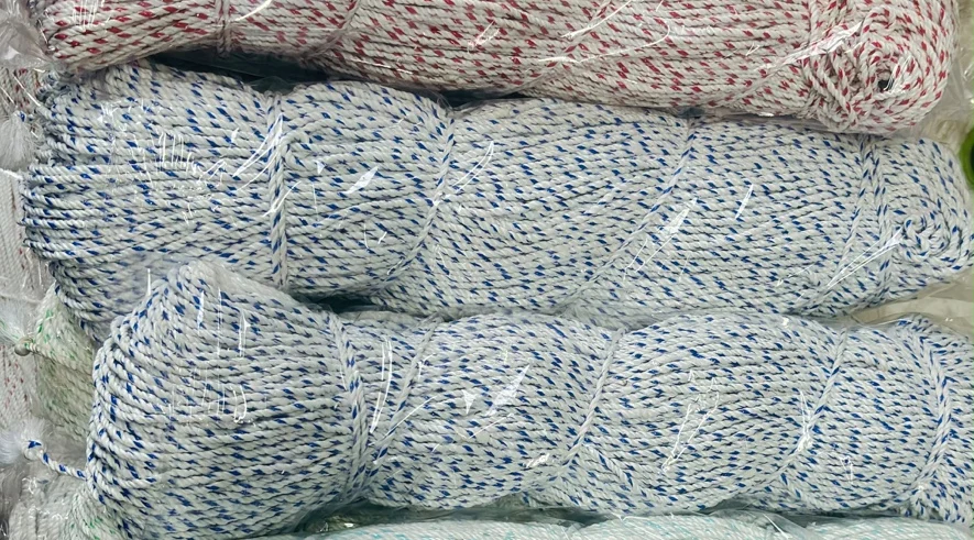 Close-up of white chitta rope strands with coloured fleck